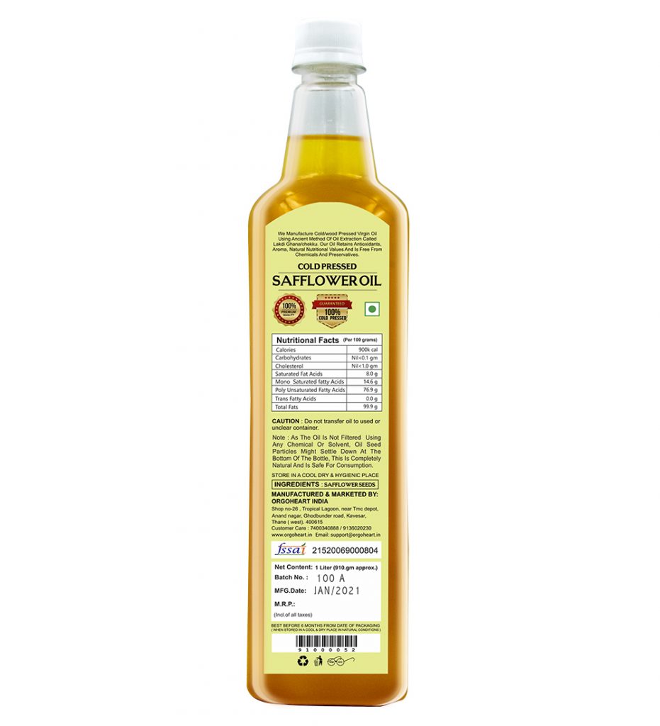 Cold pressed safflower Oil Buy Online from Orgo Heart